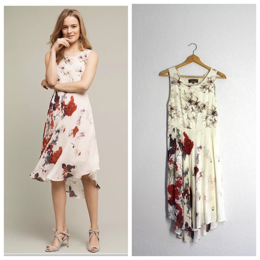 Anthropologie Asymmetrical Dress in Cream and Red Floral